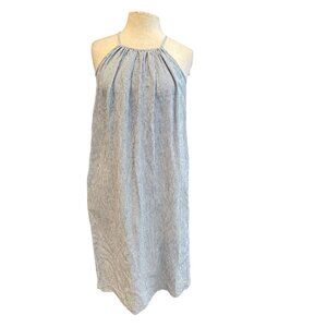 Oliveaceous Blue & White Striped Halter Neck Linen Dress Womens M Sleeveless Cas